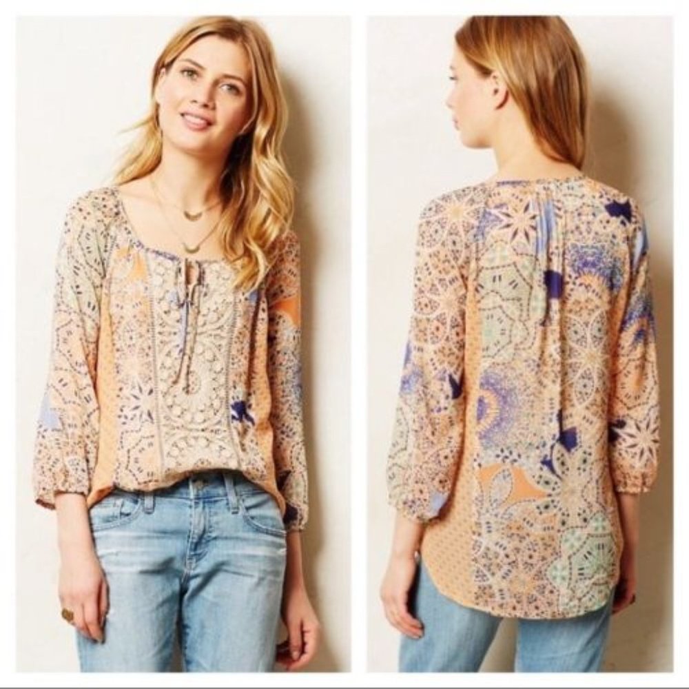 Anthropologie Meadow Rue Silk Crochet Flower Boho Blouse